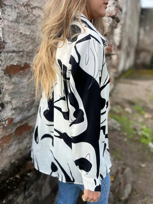Full Size Abstract Print Long Sleeve Button-Up Shirt Plus Size