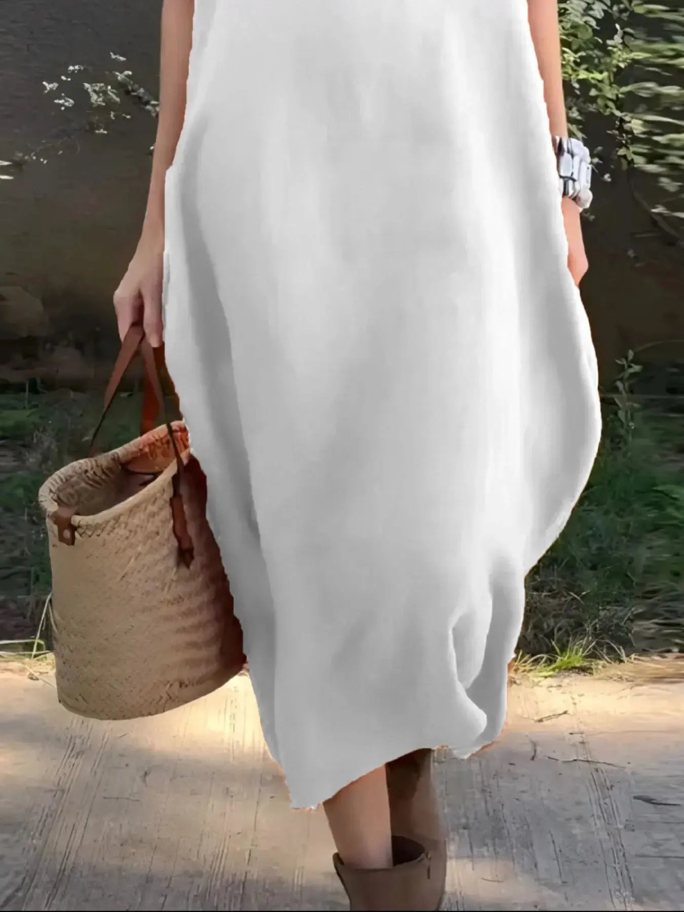 Full Size Casual Loose Fit Round Neck Midi Dress Plus Size