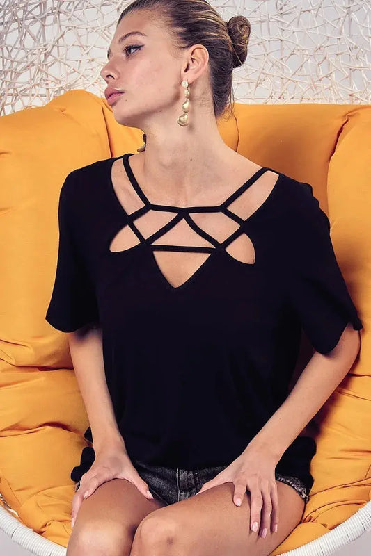 Ladies Silky Knit Top with Front Details