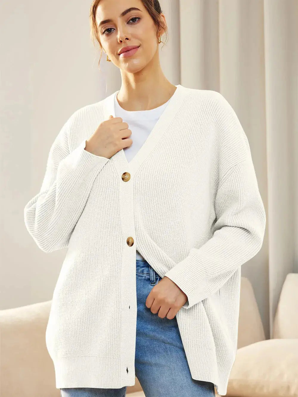 Button Down V-Neck Long Sleeve Cardigan