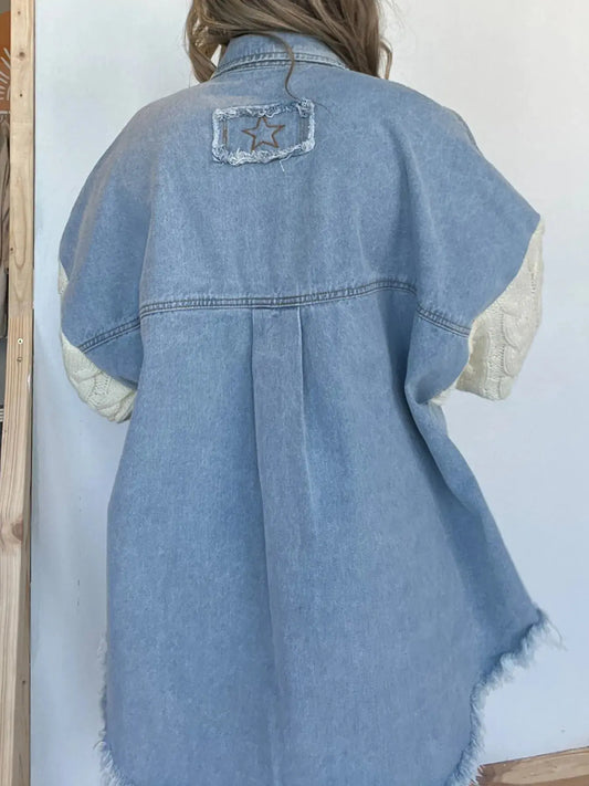Full Size Raw Hem Button Up Patchwork Denim Jacket Plus Size