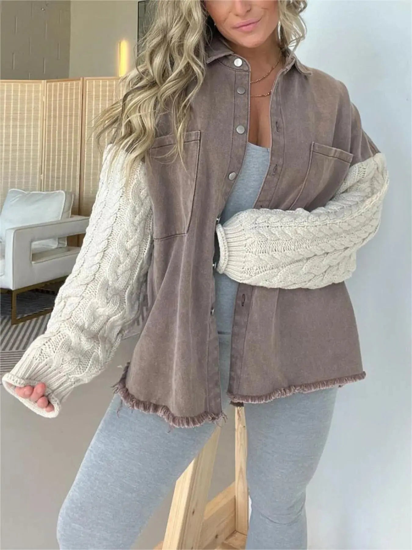 Full Size Raw Hem Button Up Patchwork Denim Jacket Plus Size