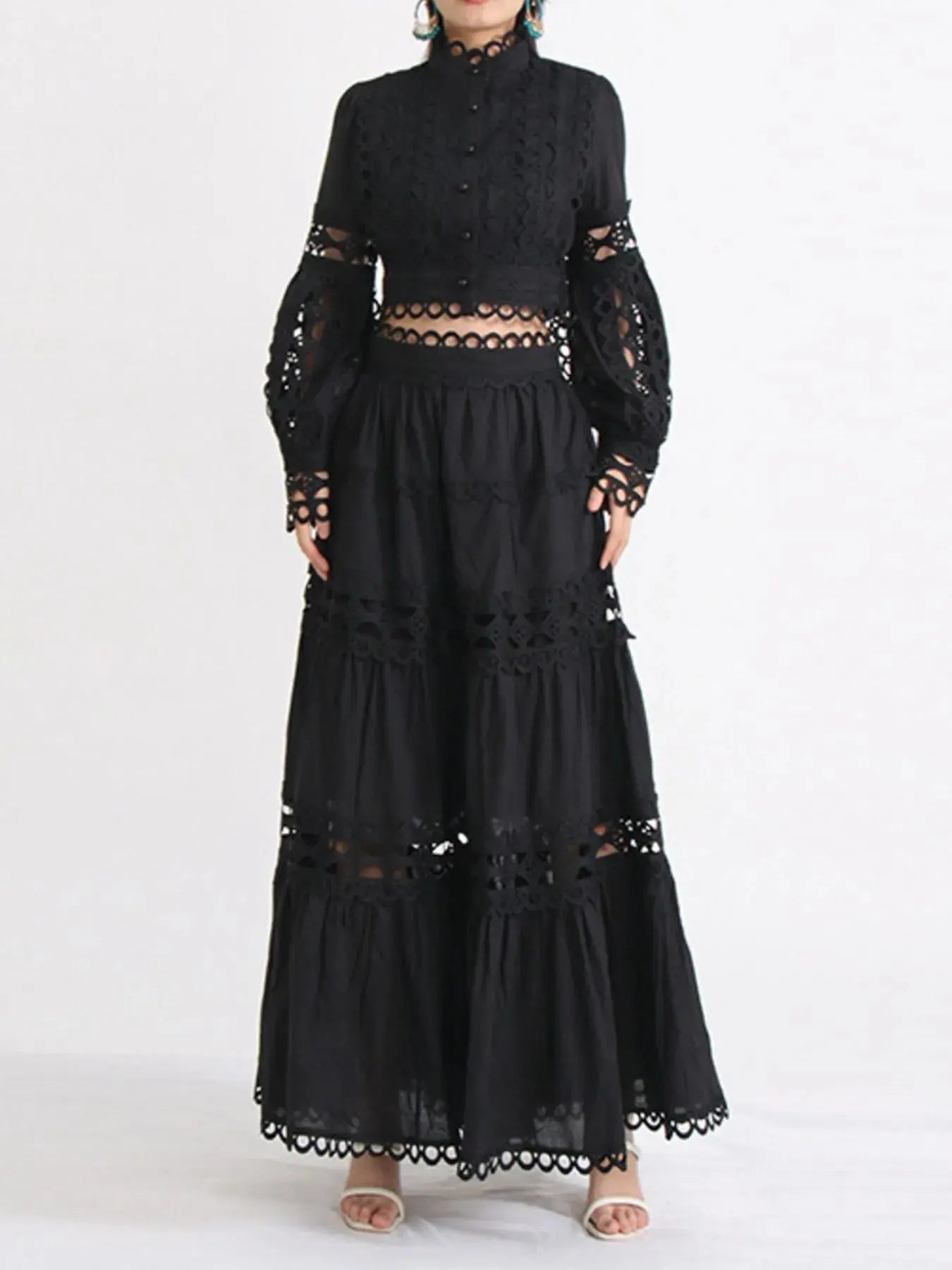 Lace Button Up Long Sleeve Top and Skirt Set