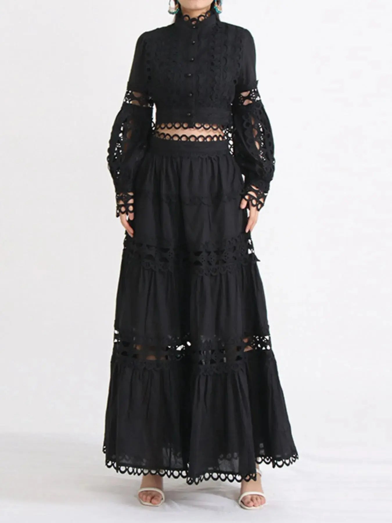 Lace Button Up Long Sleeve Top and Skirt Set