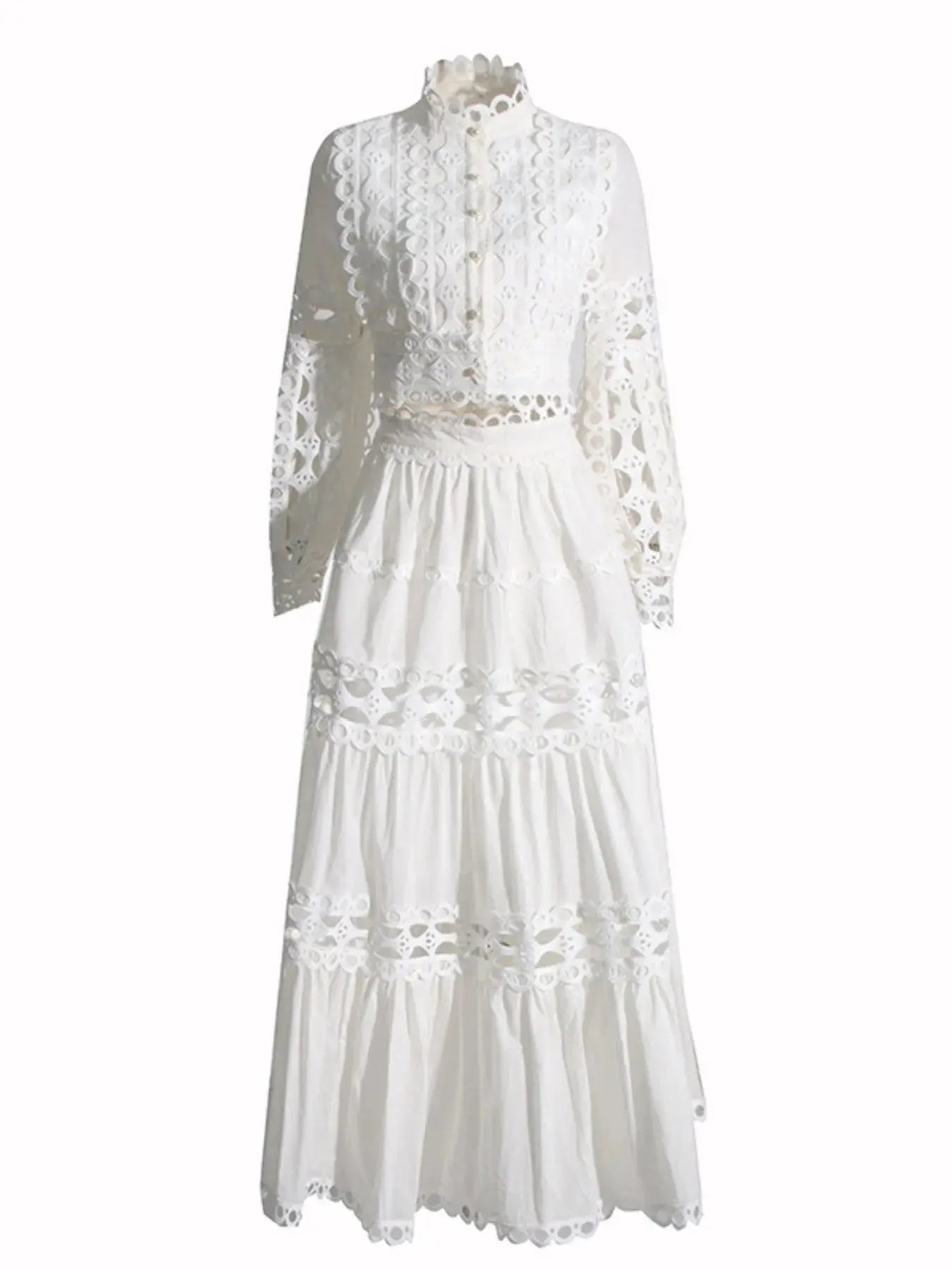Lace Button Up Long Sleeve Top and Skirt Set