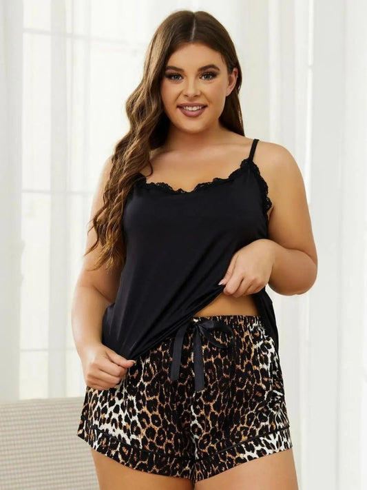 Plus Size Lace Cami and Printed Shorts Pajama Set