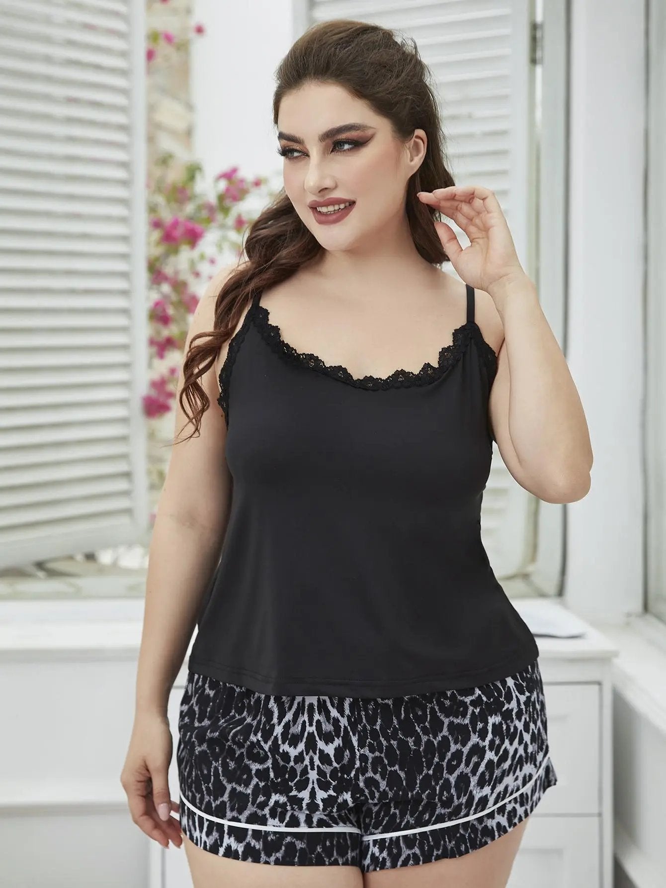 Plus Size Lace Cami and Printed Shorts Pajama Set