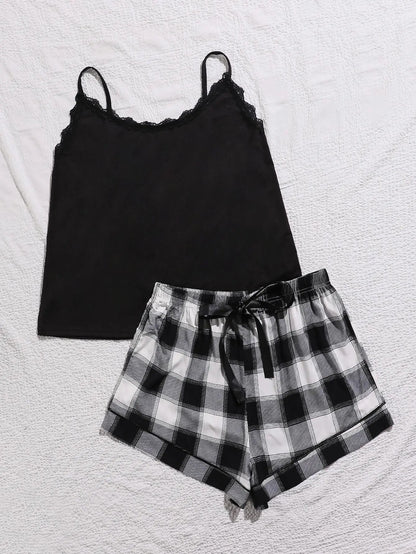 Plus Size Lace Cami and Printed Shorts Pajama Set