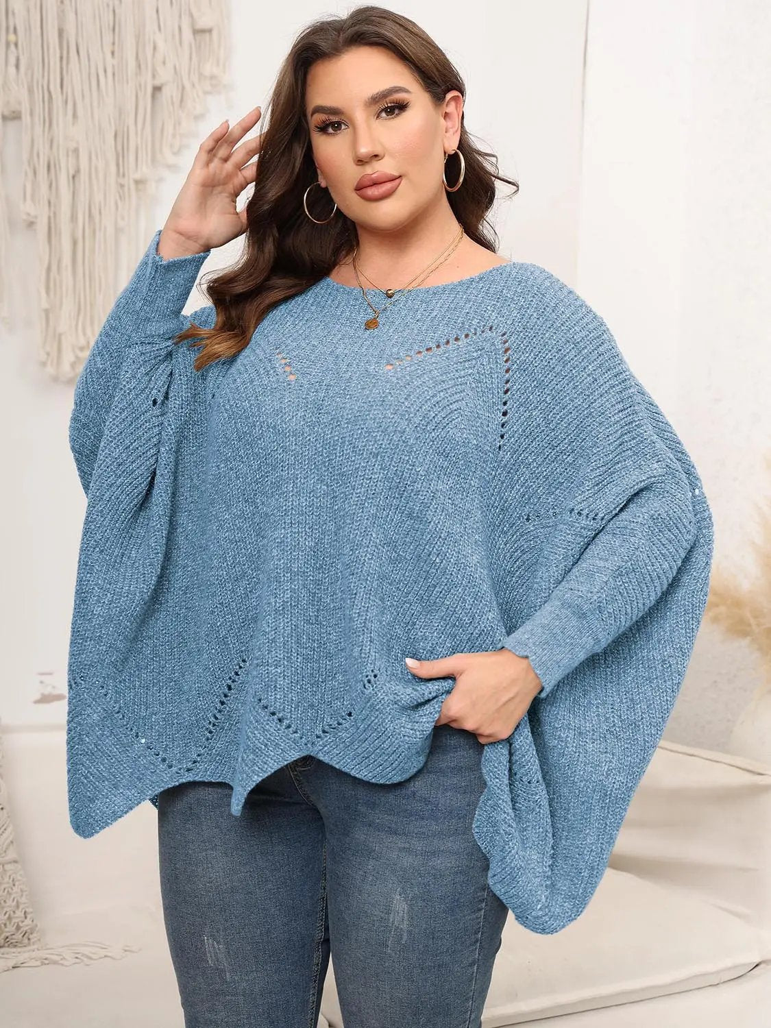 Plus Size Round Neck Batwing Sleeve Sweater