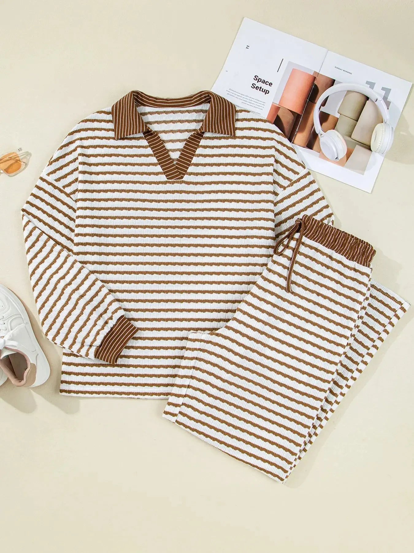 Stripe Collared Top and Drawstring Pant Set