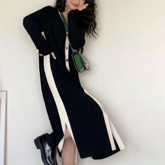 Women's Black Long Cardigan Knitted Dress