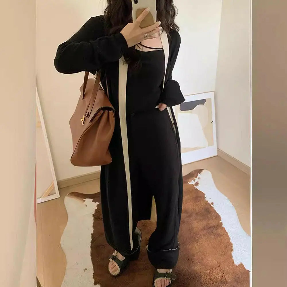 Women's Black Long Cardigan Knitted Dress